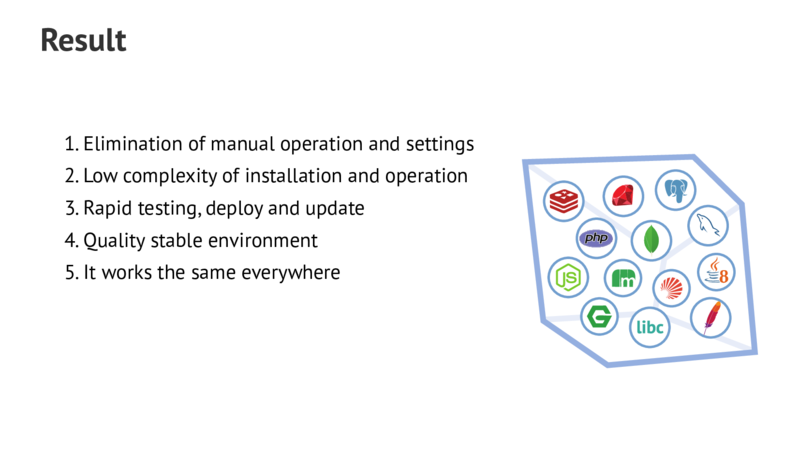 Result 1.Elimination of manual operation and settings 2.Low complexity of installation and operation 3.Rapid testing,deploy and update 4.Quality stable environment 5.It works the same everywhere